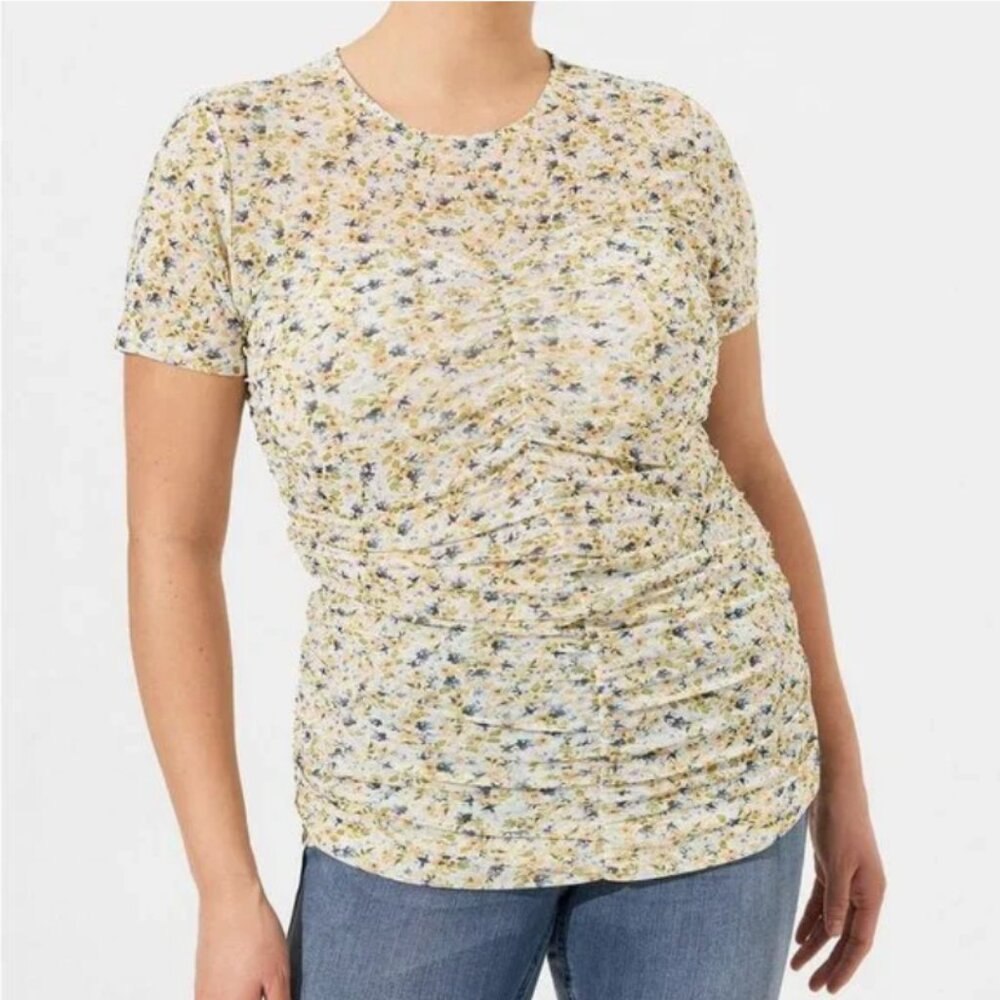TORRID MESH TOP BLOUSE SHIRT Stretch Crew Neck Ruched Ditsy Floral 2X 2 XXL